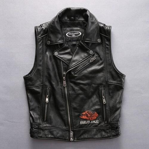 2020 Motorcycle cowhide men large size short slim street top quality brand genuine leather vintage vest