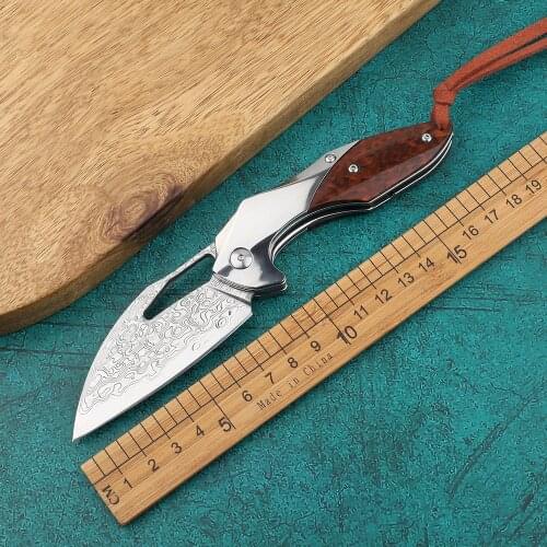 Hunter Damascus Folding Knife Hunting Outdoor Camping Knife Serpentine Wood Handle Survival Rescue EDC Tool Knife
