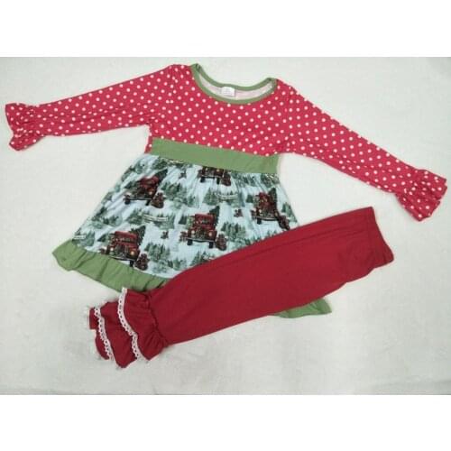 Wholesale/retail christmas outfits baby girls dotted car patter top+red pants 2 pcs set kid autumn children clothing suits gxj