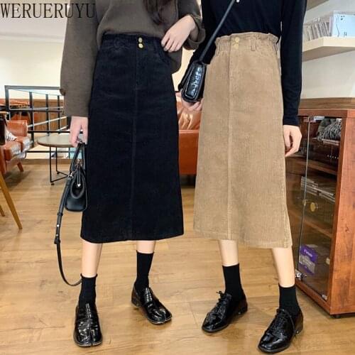WERUERUYU 2020 Autumn Winter New Arrival Elegant Retro A-line Mid-length High-waist Skirt Corduroy Sheath Skirt