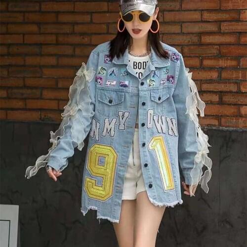 HAOLONGHAN 2021 Fall Womens Wear Beaded Three-dimensional Decoration Loose Denim Jacket Fashion Ripped Mid-length Denim Jacket