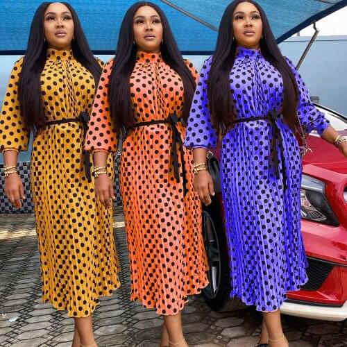 A-line Dresses Women Elegant 2021 Africa Clothing Stand Collar Lantern Sleeve Maxi Dress Dot Printed Nigerian Fashion For Daily