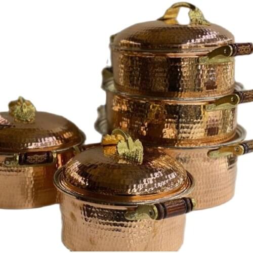 Set of 5 Heavy Thick Pure Copper Cooking Pot Lid Handmade Hammer Pure Copper High Quality Food Safe Set Copper Kitchen Utensils