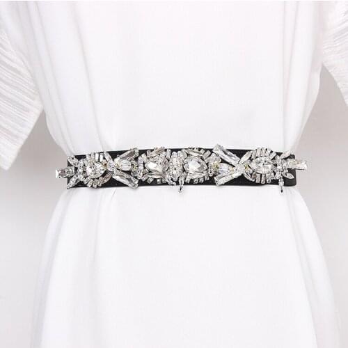 Luxury Geometrical Glass Rhinestone Waistband Women White Crystal Bead Elastic Waist Belt Female Dress Shirt Belt Accessories