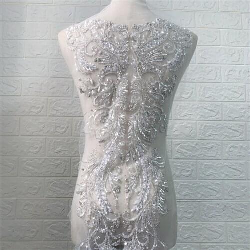 Sliver ToP Quality LA018 Top Quality Silver Thread Beaded Sequin Lace Applique Wedding Gown Dress Flower Patch Applique