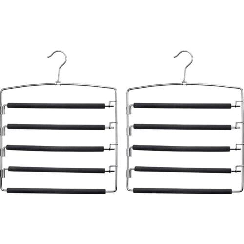 Pants Hangers 5 Layers Space Saving Pants Hangers with Non-Slip Foam Padded Swing Arm Storage (2 Pack)