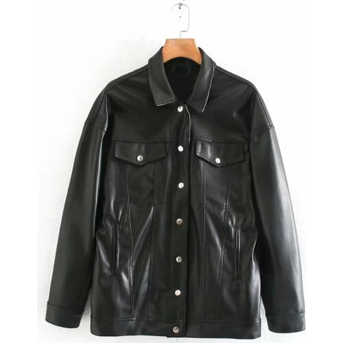 ZA New Women Spring Autumn Black Faux Leather Jackets Single breasted Basic Coat Turn-down Collar Motor Biker Jacket