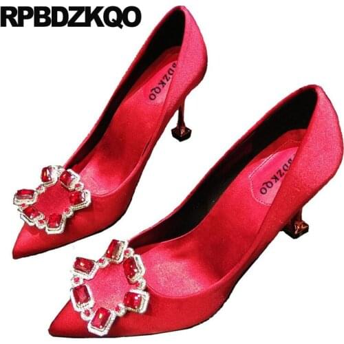 Ladies pumps blue high heels stiletto red satin shoes silk pointed toe rhinestone bridal size 33 diamond 2019 nude thin crystal
