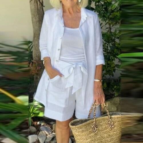 Autumn Fashion Women Three Piece Sets Summer Loose Solid Suits Casual Sling Tops + Pocket Shorts + Shirt Coat Outfits Streetwear