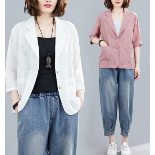 #5202 Pink White Blue Sunscreen Cotton Linen Blazer Women Casual Vintage Blazer Three Quarter Sleeve Loose Short Blazer Thin