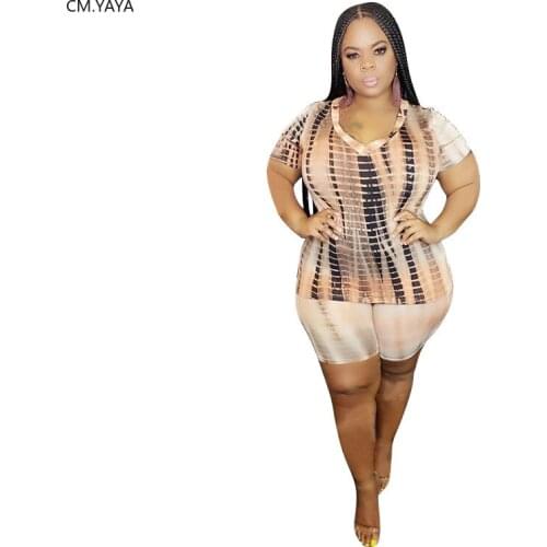 CM.YAYA Women Plus Size XL-5XL Tie Dye Print V-neck T-shirt Shorts jogger sweatpant suit two piece set sport matching set outfit