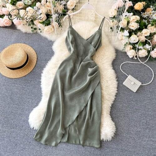 Ordifree 2021 Summer Women Slip Satin Mini Dress Backless Draped Slit Sexy Club Party Shprt Dress