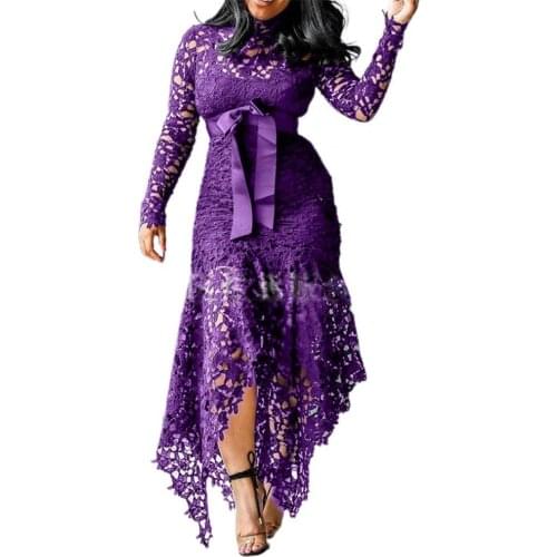 Elegant Women Dress Formal Dress Lace Patchwork Long Sleeve Hollow Out Fishtail Hem Irregular Dress Bodycon Dress for Wedding