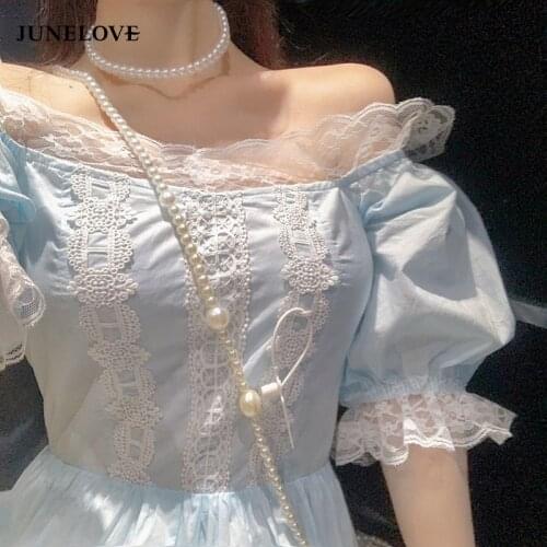 JuneLove Women Elegant Lace Ruffles Slim Dress Romantic Fairy Party Dress Summer Gentle Sweet Lolita Style Princess Vestidos