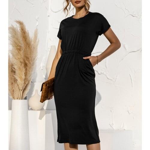 Knee Length Office Dress Ladies Elastic Waist Casual Dress for Summer Solid Black Pocket O Neck Short Sleeve Dresses Women D30