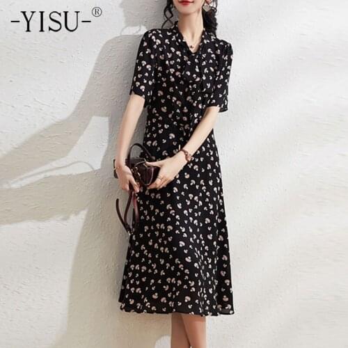 YSU 2021 Summer Women Dress V-Neck printing Knitted Dress Short sleeve Knee-length skirt Casual Female Dress Thin section