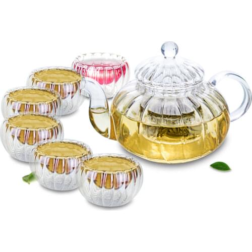 1x Pumpkin-shaped Tea Set-1* 615ml Heat-Resisting Glass Tea Pot+6*35ml Cups