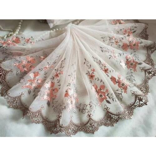 2 Yards Lace Trim Orange Pink Flowers Floral Embroidered Lace Tulle Lace 7.87 Inches Wide High Quality
