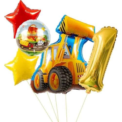 5pcs/set Excavator Foil Balloons Construction Car Double-sided Round Balloon Birthday Party Decorations Kids Gifts DIY Supplies