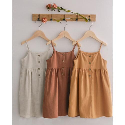 55% linen 45% viscose girls fashion summer dress casual srapless button dress for kids girl TZ25