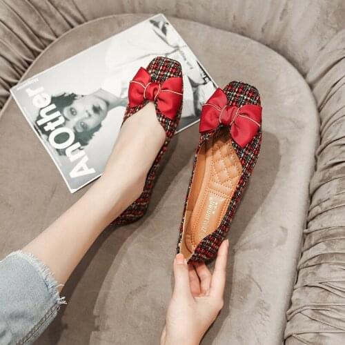 Mixed color cotton fabric knitting flat shoes woman silk stripe bow ballet flats shallow mouth loafers big size43 moccasin women