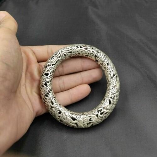 Rare Tibet Silver Carved Dragon Mens Bracelet Bangle Decoration Gift Hollow Round Bracelet Handmade Jewelry National Style