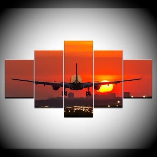 Canvas Wall Art Pictures Home Decor Living Room 5 Pieces Sunset Lights Airplane Lawn Painting HD Print Aircraft Poster Framework