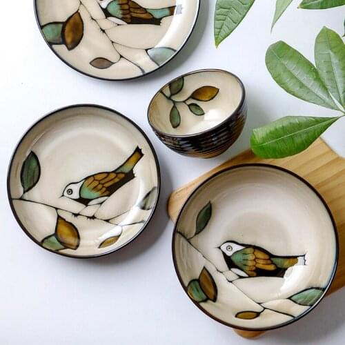 Flower And Bird Pattern Ceramic Tableware Personalized Deep Dishes Home Bowls Plate Set Dinnerware Fruit Salad Steak Plates
