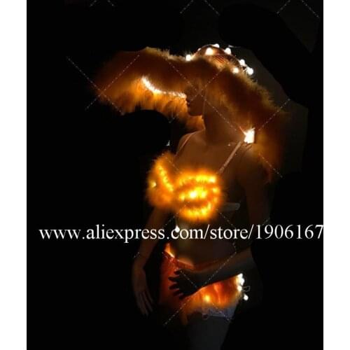 Led Luminous Dance Bikini Suit Music Festival Feather Big Hat Led Light Ballroom Costume Bar Singer DS Lighting C