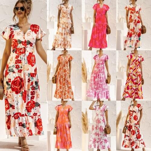 Summer Women Dress Beach Style Print Short Sleeve V-Neck Lace Up Elegant Fashion Party Female Vestido 2021 New INS Hot C2469