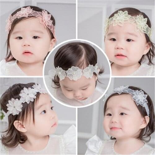 Cute Lace Chiffon Flower With Pearl Elastic Kids Fashion Girls Lace Big Bow Hair Band Children Head Wrap Party Birthday Headwear
