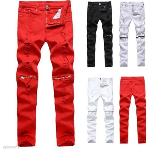Mens Red White Black Slim Biker Pants Knee Zipper Distressed Ripped Denim Jeans