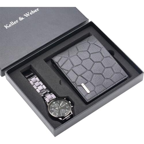Keller & Weber Quartz Men Watch Fashion Wallet Present Set Decorated Chronograph Dial Male Wristwatch Fold Short Purse Gift Box