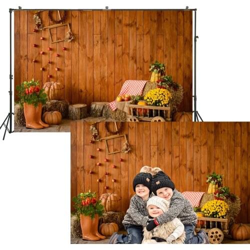 Autumn Backdrop Autumn Photography Banner Hard Wood Wall Flowers Pumpkin Decorations Baby Portrait Photo Studio Backgrounds Prop