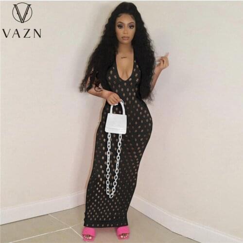 VAZN 2020 New Arrival Sexy Club Special Hollow Out Deep V-neck Shinny Women High Waist Thin Maxi Dress
