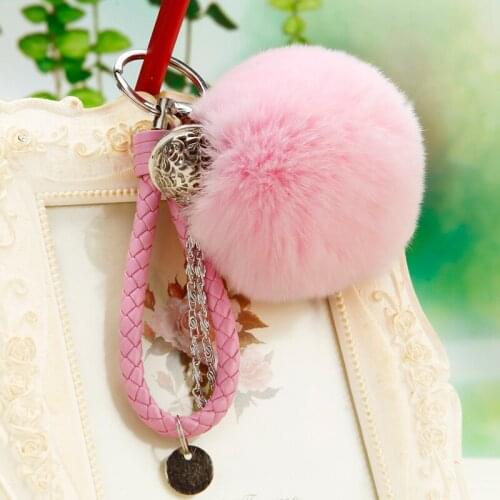 Cute Rabbit Fur Pom Pom fluffy Keychain Charm Leather Bag Charms bell Keyring Key chain Women PomPom Accessories portachiavi