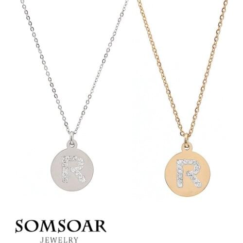 Somsoar Hot Sale Letter R initial Word Pendant with CZ Crystal Necklace Set Plus 45cm Stainless Steel Chain for Women Gift