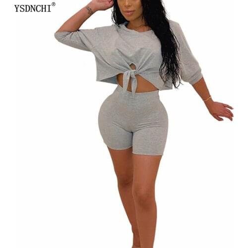 YSDNCHI Women Two Piece Set Summer O-neck Crop Top Shorts Women Summer Solid Causal Outfit Female O-Neck Pullover Clubwear Short