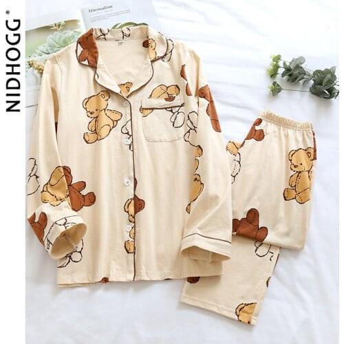 Womens Knitted Cotton Long-Sleeved Pajamas Cartoon Printing Sleepwear Autumn Turn-down Collar Nightwear Two Piece Pijamas Set