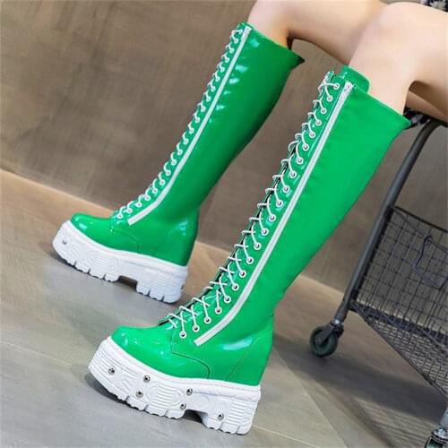 Women Genuine Leather Knee High Boots Platform Wedge High Heels Lace Up Round Toe Punk Creepers Military Oxfords