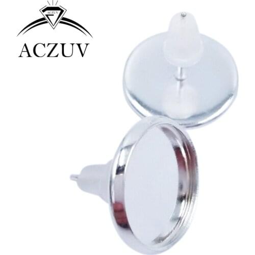 1000pcs Silver Color 8mm 10mm 12mm 14mm 16mm Bezel Stud Earring Blank Cabochon Base Setting Post with Rubber Backs BES013