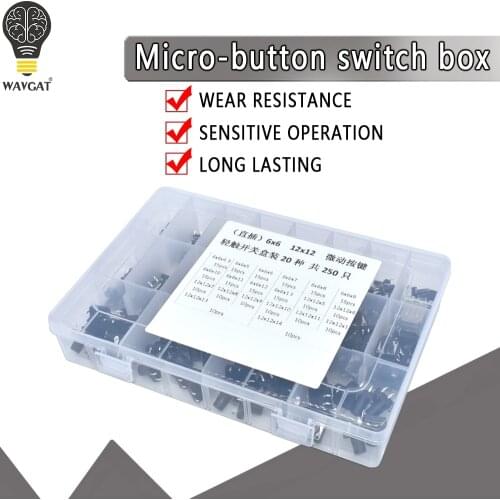 250PCS 20 types 6x6mm /12x12mm 4-foot Micro Switch key switch light touch switch button switch Self-reset DIP Switches