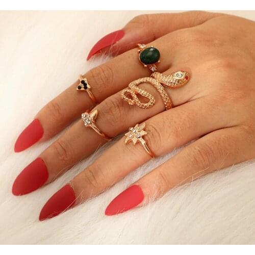 HuaTang 5pcs Gold Color Snake Rings Set Rhinestone Water Lotus Green Bead Geometric Knuckle Rings for Women Jewelry Anillos 7068