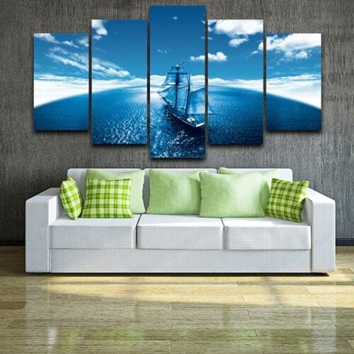 Canvas HD Printed Pictures Wall Art Frame 5 Pieces Sailboat Blue Seascape Abstract Painting Modular Home Decor Make Sail Poster