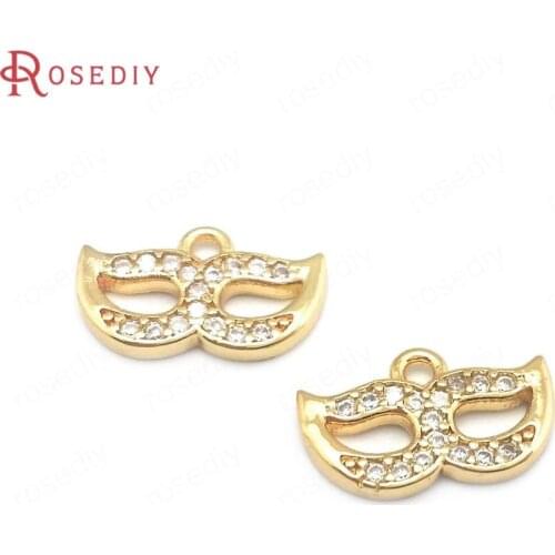40624)10PCS 15x9.5MM 24K Champagne Gold Color Brass and Zircon Mask Charms Pendants Jewelry Making Supplies Diy Accessories