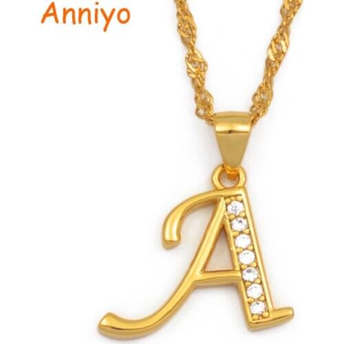Anniyo A-Z Letters Necklaces Gold Color Alphabet Initial Pendant Chain Women Girl Cubic Zirconia English Letter Jewelry #040602