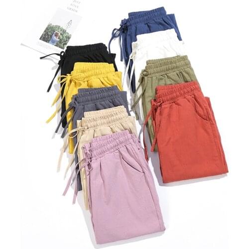 Womens Pants Cotton Linen High Waisted Harem Pants Female Solid Candy Colors Trousers Drawstring Casual Summer Pants for Women