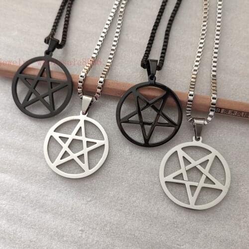 Best selling Men Pagan Wicca Inverted Star Pentagram Stainless Steel Pendant Necklace box Chain 2.4mm 24