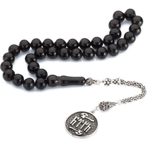Natural Jet Stone Prayer Bead With Silver Tassel Men Rosary Islamic Tasbih With Gokturk Tassel 925 Sterling Silver