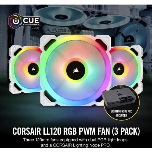 Corsair LL Series, LL120 RGB, 120mm RGB LED Fan, Triple Pack with Lighting Node PRO- White, Lighting Node PRO Included, LL120 RG